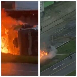 Caminhão tomba e pega fogo na BR-101, em Igarassu